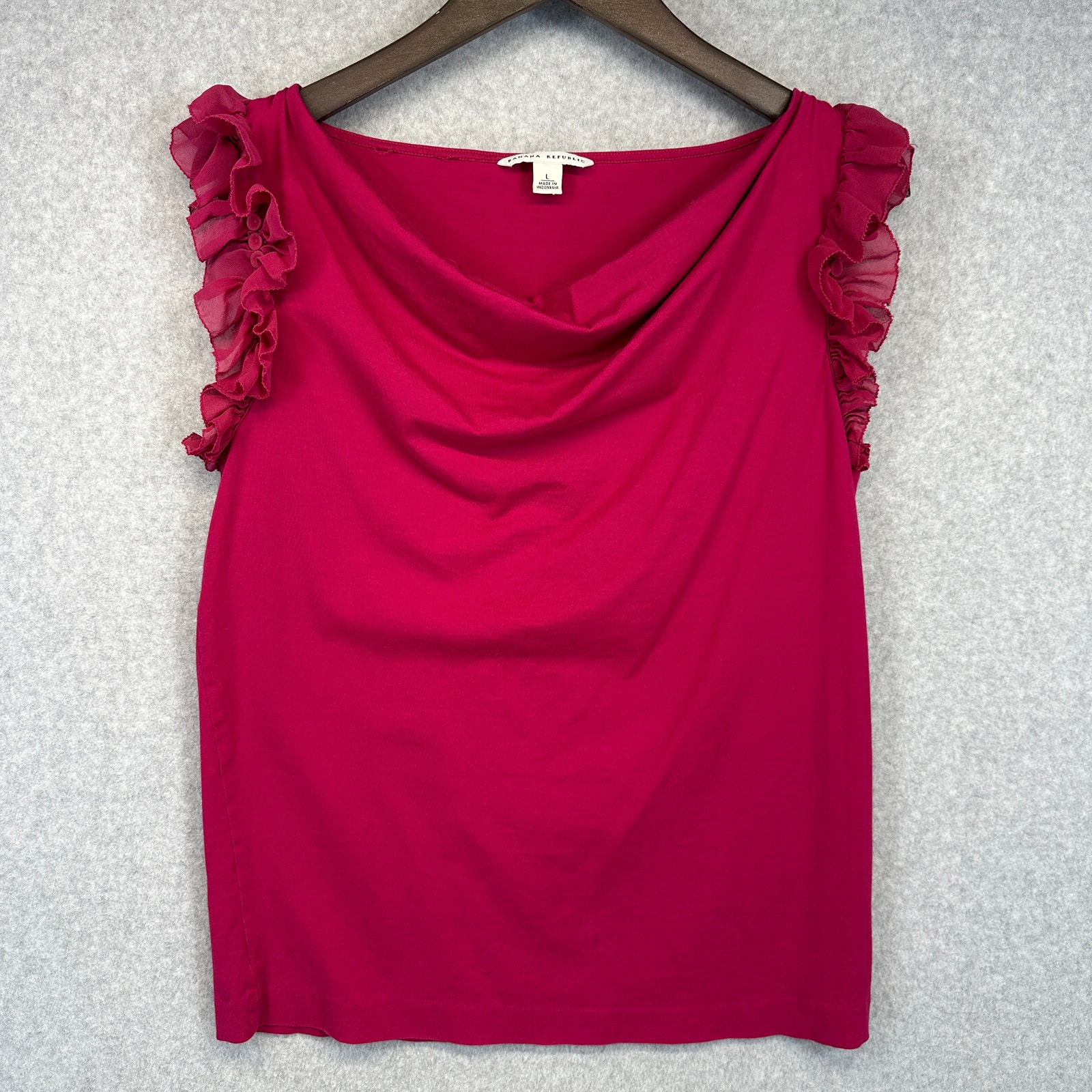 Banana Republic Blouse Top Womens Large Pink Cotton Stretch Ruffle Short Sleeve